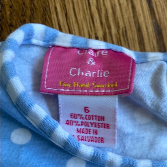 Blue with white polka dot and ruffle, Claire&Charlie Frozen smocked tunic, size6 - Picture 3 of 16